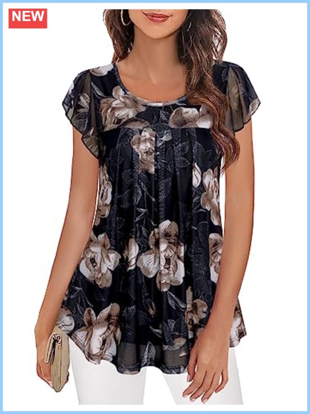 Women's Short Sleeve Tunic Blouse Pleated Mesh Floral Top Summer